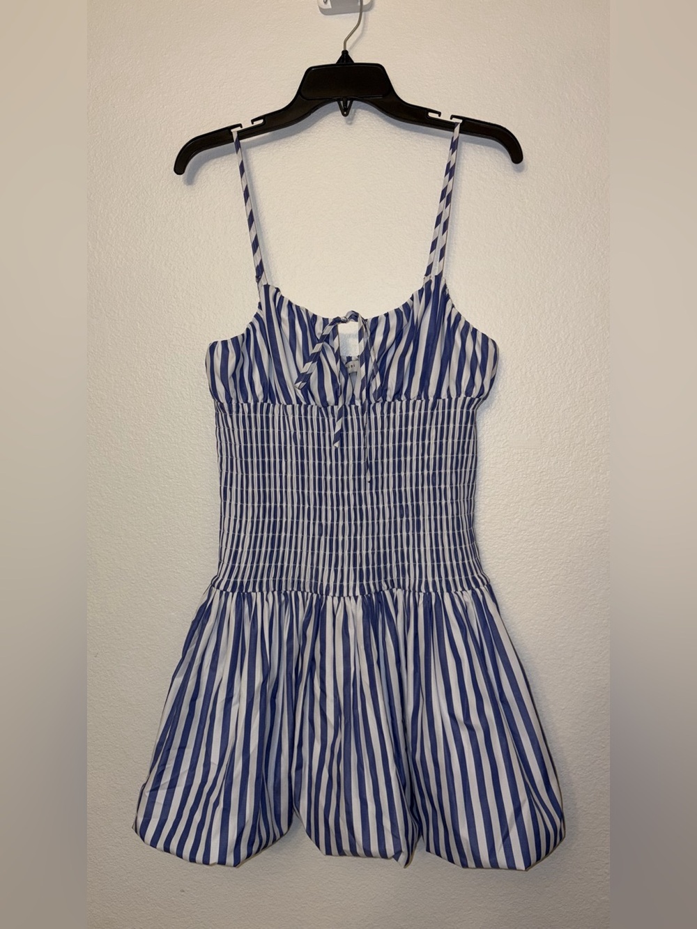Gianni Bini Blue & White Striped Smocked Tie-Front Bubble Hem Mini Dress Large N